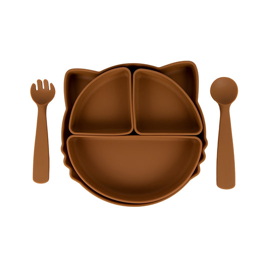 BabiesBasic Feeding Set with removable sections , 3 Piece Cat Set with Silicone Plate, Spoon and Fork - Brown