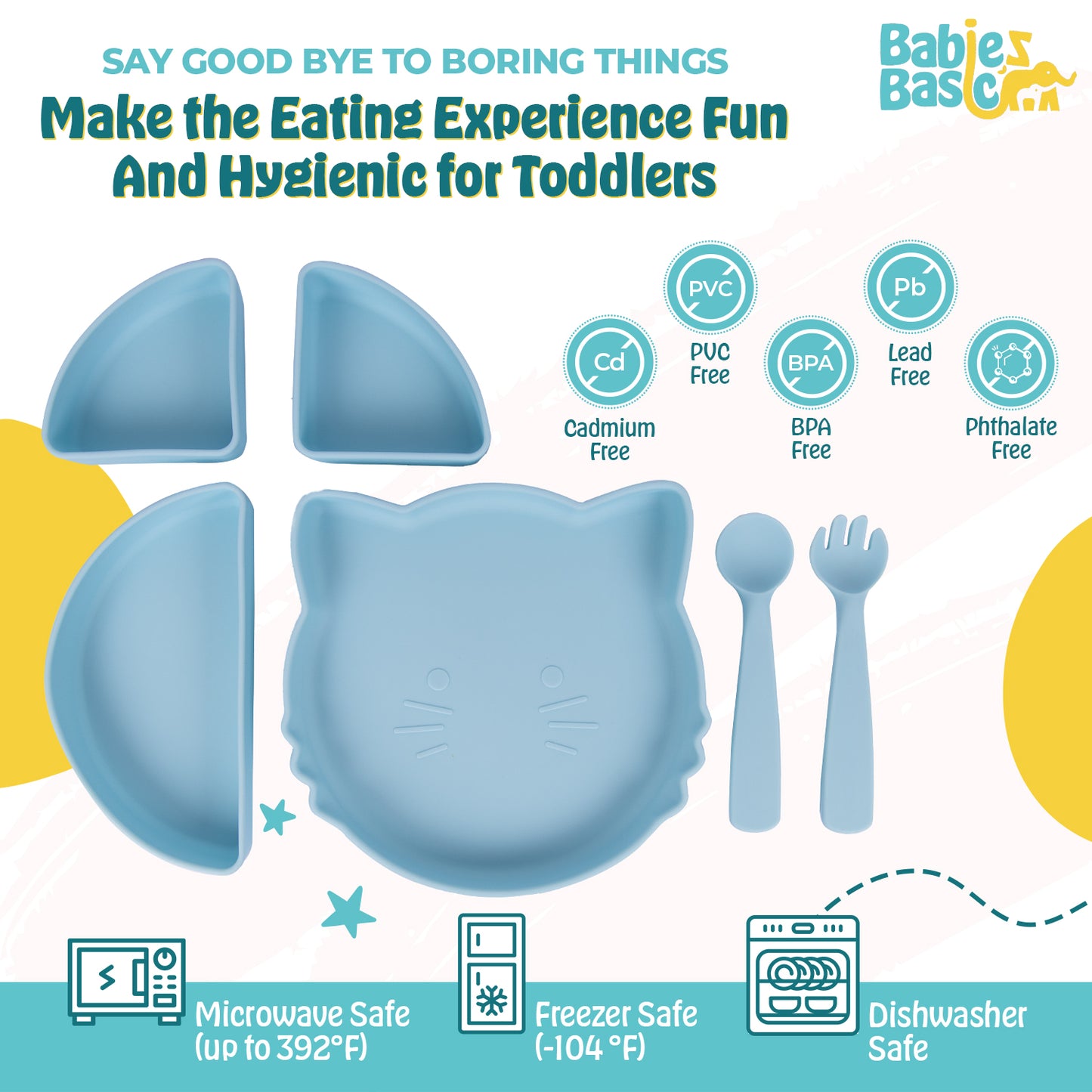 BabiesBasic Feeding Set with removable sections , 3 Piece Cat Set with Silicone Plate, Spoon and Fork - Blue