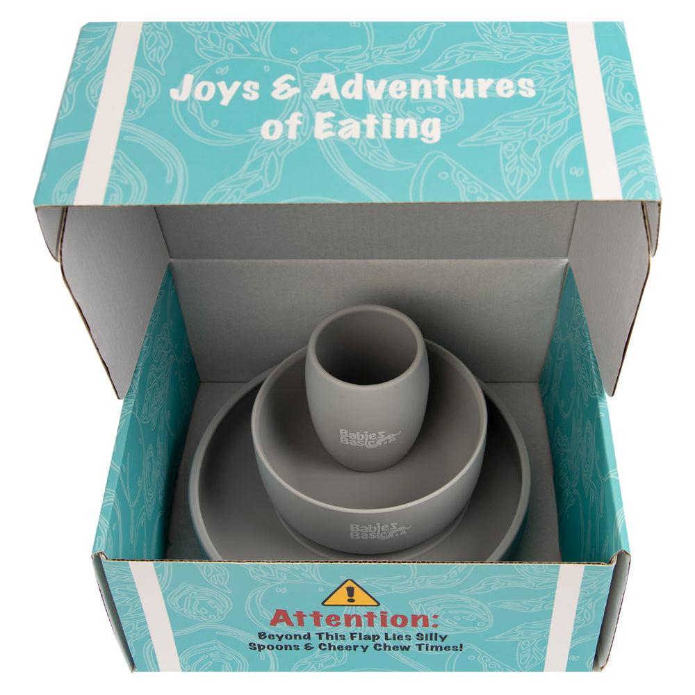 Babies Basic Silicone Plate, Bowl & Cup- Grey