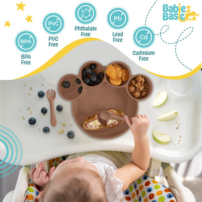 BabiesBasic Feeding Set, 3 Piece, Silicone Feeding Paw Set with Silicone Suction Plate, Spoon and Fork - Brown