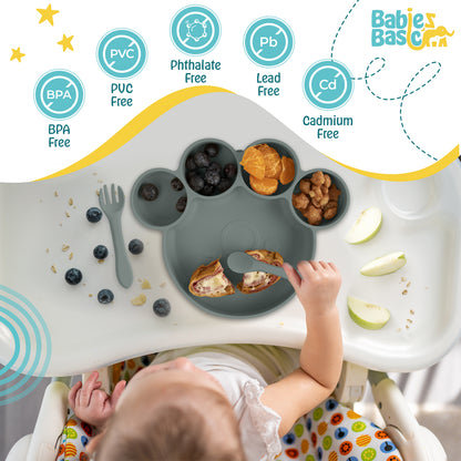 BabiesBasic Feeding Set, 3 Piece, Silicone Feeding Paw Set with Silicone Suction Plate, Spoon and Fork - Indigo