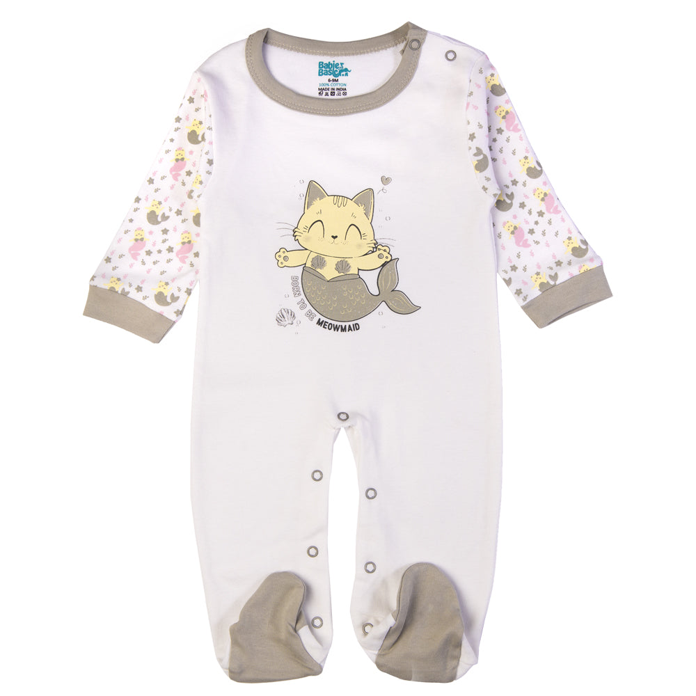 Babiesbasic 5 piece cotton Set include Bib, Romper, Mittens, cap and Sleepsuit- Meowmaid, 3-6 Months , Grey