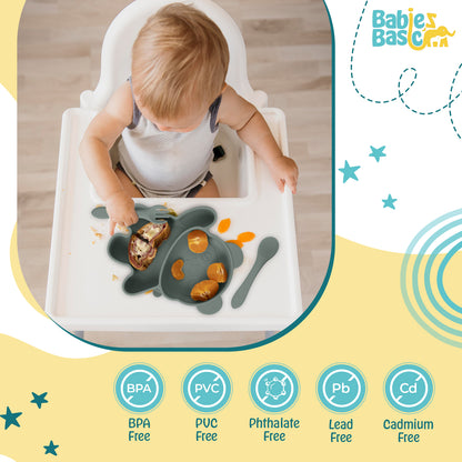 BabiesBasic Feeding Set, 3 Piece, Silicone Feeding Panda Set with Silicone Suction Plate, Spoon and Fork - Indigo