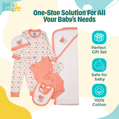 BabiesBasic 7 piece unisex 100% cotton Gift Set include bib, blanket, mitten, cap, romper, top and bottom set, 3-6 Months , Pink