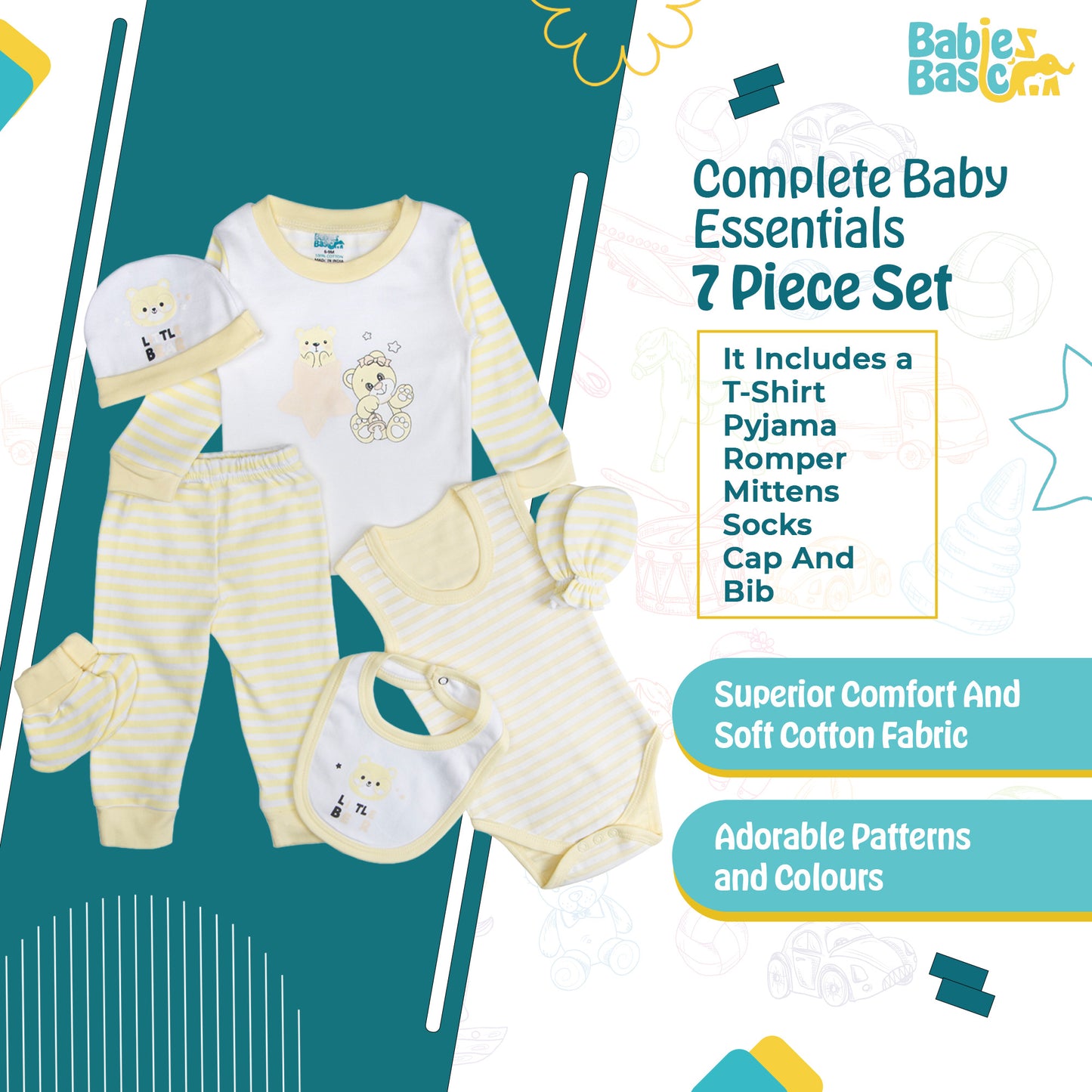 BabiesBasic 7 piece unisex 100% cotton Set include bib, socks, mitten, cap, romper, top and bottom set, 6-9 Months , Yellow