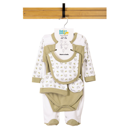 Babiesbasic 5 piece cotton Set include Bib, Romper, Mittens, cap and Sleepsuit- Sleepy Panda, 9-12 Months , Green