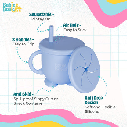 BabiesBasic Multi Purpose 2 in 1 Silicone Cup with Straw or a Snack Lid - Blue