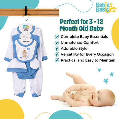 Babiesbasic 5 piece cotton Set include Bib, Romper, Mittens, cap and Sleepsuit- Stay Healthly, 9-12 Months , Blue