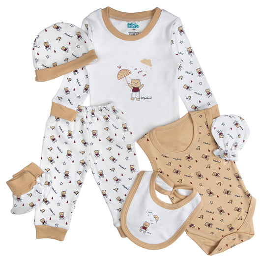 BabiesBasic 7 piece unisex 100% cotton Set include bib, socks, mitten, cap, romper, top and bottom set, 3-6 Months , Brown