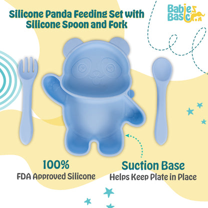 BabiesBasic Feeding Set, 3 Piece, Silicone Feeding Panda Set with Silicone Suction Plate, Spoon and Fork - Blue