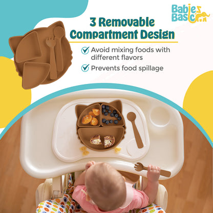 BabiesBasic Feeding Set with removable sections , 3 Piece Cat Set with Silicone Plate, Spoon and Fork - Brown