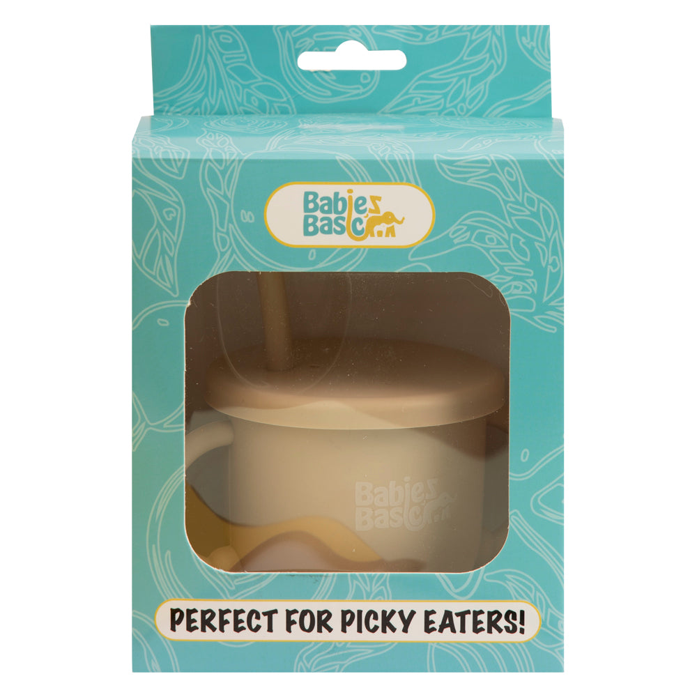 BabiesBasic Multi Purpose 2 in 1 Silicone Cup with Straw or a Snack Lid - Beige