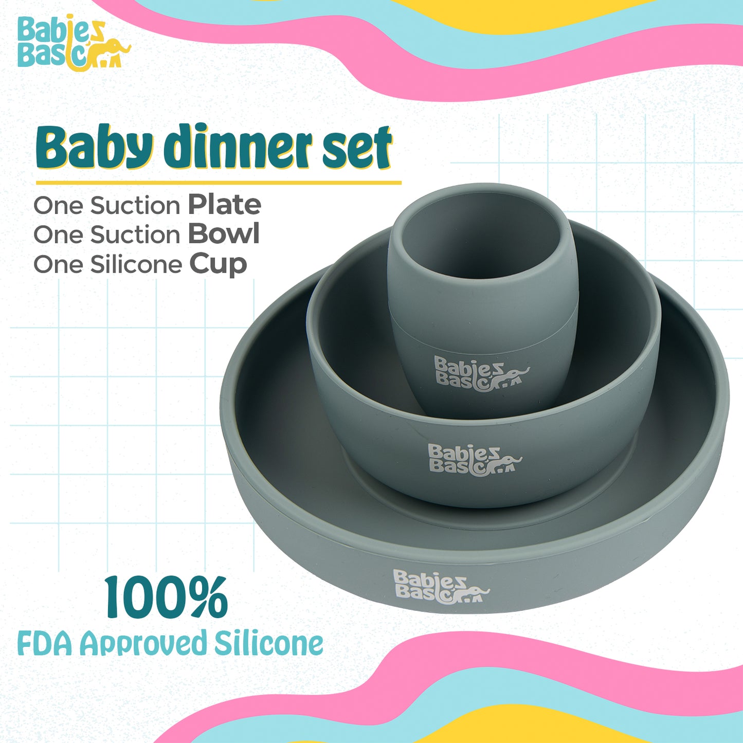 BabiesBasic 5 pc Set with silicone plate, bowl, cup and stainless steel cutlery with case - Indigo