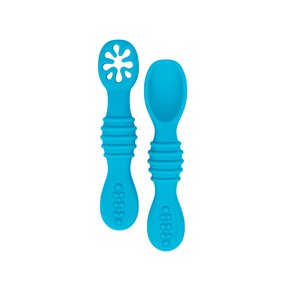 BabiesBasic Soft Tip BPA Free Silicone First Stage Training Spoon with Masher- Blue