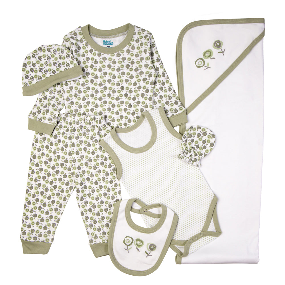 BabiesBasic 7 piece cotton Set include bib, blanket, mitten, cap, romper, top and bottom set, 9-12 Months , Green