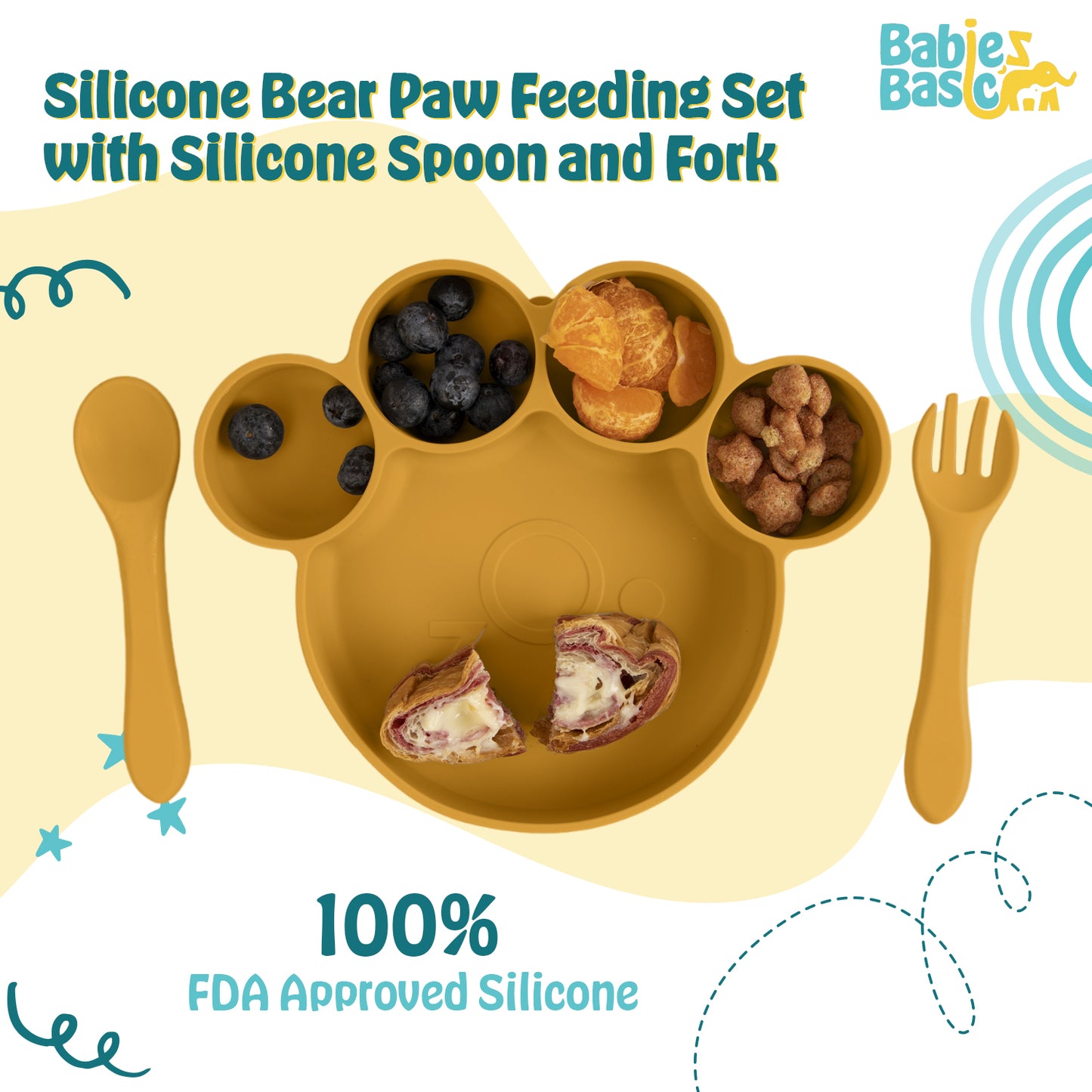 BabiesBasic Feeding Set, 3 Piece, Silicone Feeding Paw Set with Silicone Suction Plate, Spoon and Fork - Yellow