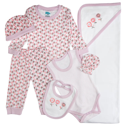 BabiesBasic 7 piece cotton Set include bib, blanket, mitten, cap, romper, top and bottom set, 6-9 Months , Light Mouve