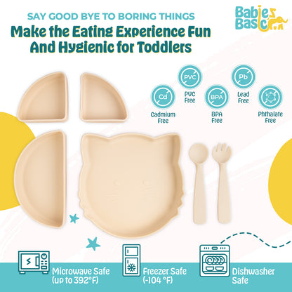 BabiesBasic Feeding Set with removable sections , 3 Piece Cat Set with Silicone Plate, Spoon and Fork - Cream