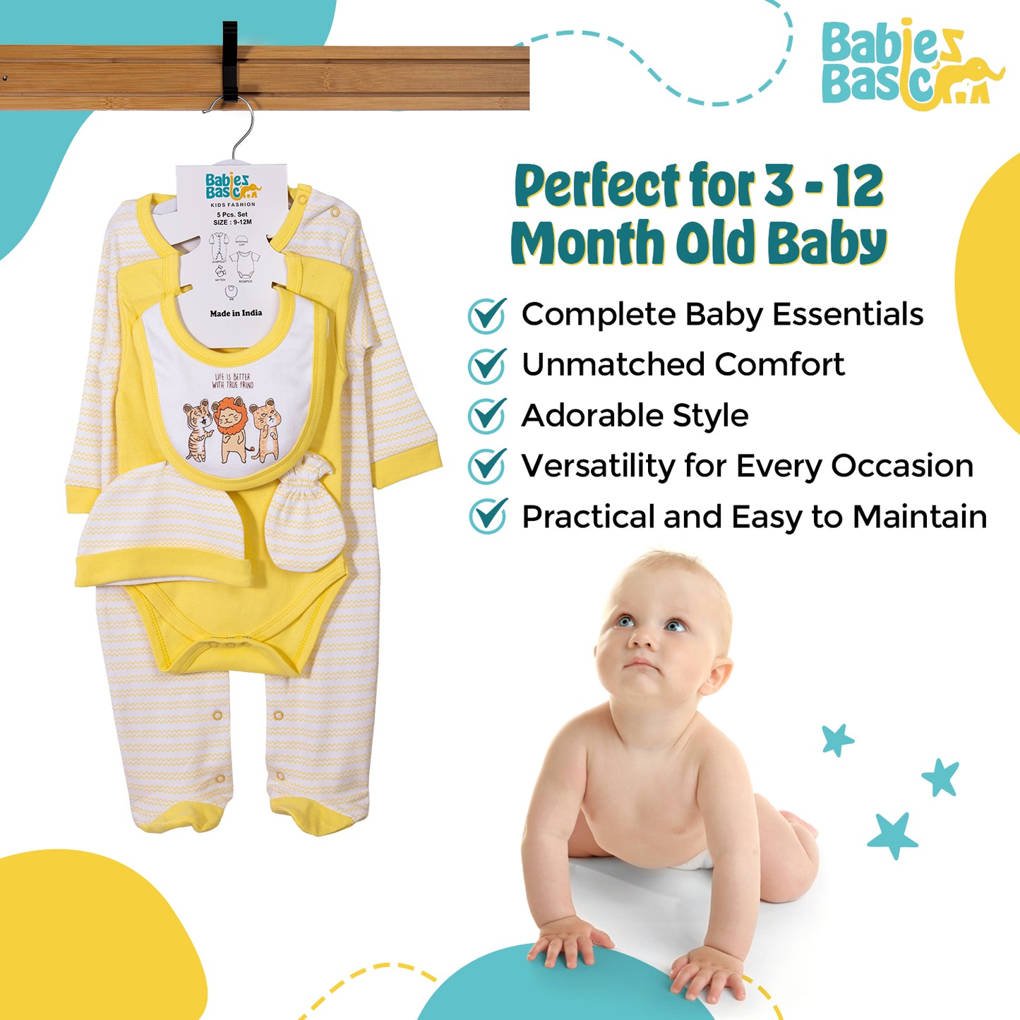 Babiesbasic 5 piece cotton Set include Bib, Romper, Mittens, cap and Sleepsuit- Life is Better, 9-12 Months , Yellow