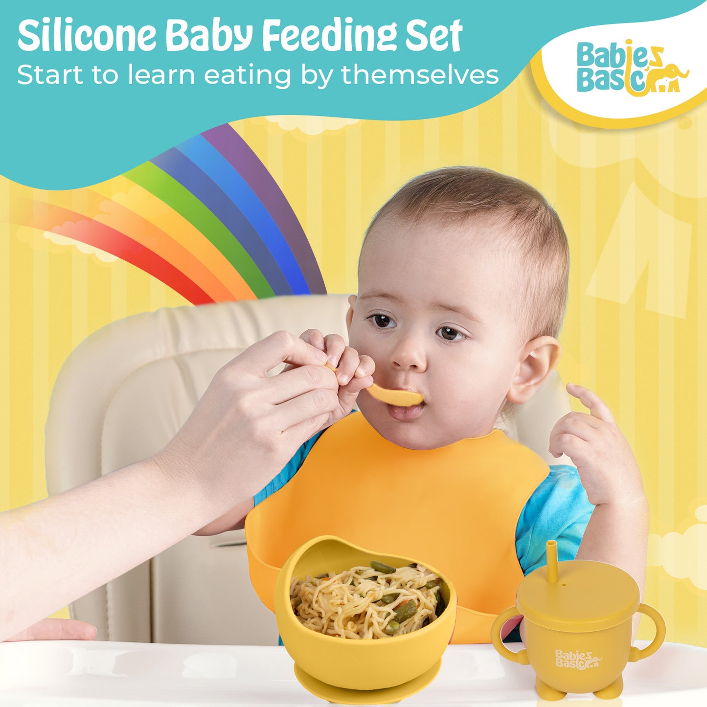 BabiesBasic Feeding Set, 6 Piece, Silicone Plate, Bowl, Bib, Spoon , Fork and  2 in 1 Cup - Yellow