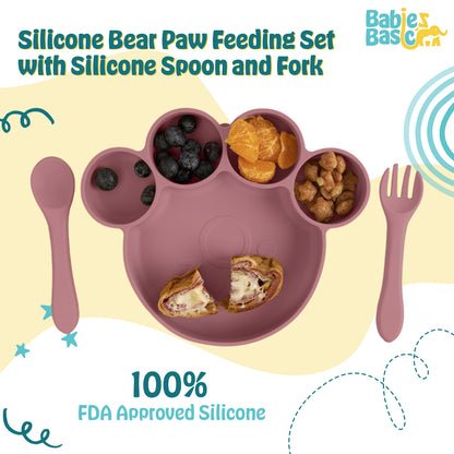 BabiesBasic Feeding Set, 3 Piece, Silicone Feeding Paw Set with Silicone Suction Plate, Spoon and Fork - Pink