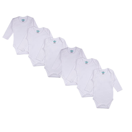 BabiesBasic 100% Super Combed Cotton, Long Sleeves Romper/Bodysuit, for New Born to 24months. Set of 6 - White, 6-9 Months