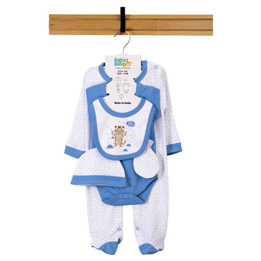 Babiesbasic 5 piece cotton Set include Bib, Romper, Mittens, cap and Sleepsuit- Stay Healthly, 9-12 Months , Blue