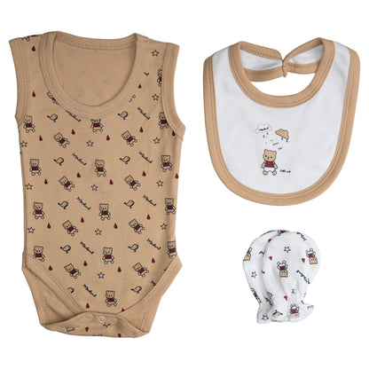 BabiesBasic 7 piece unisex 100% cotton Set include bib, socks, mitten, cap, romper, top and bottom set, 9-12 Months , Brown