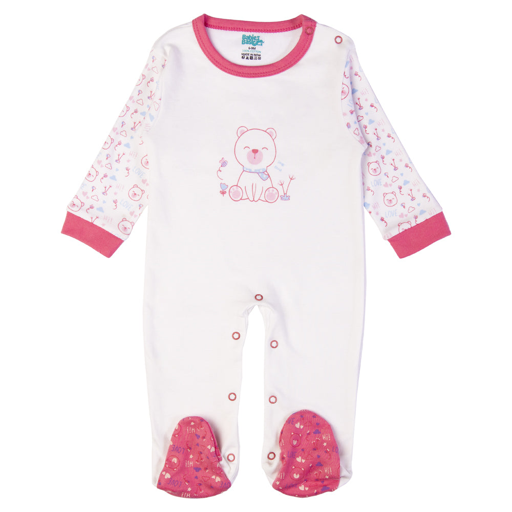 Babiesbasic 5 piece cotton Set include Bib, Romper, Mittens, cap and Sleepsuit- Teddy, 9-12 Months , Red