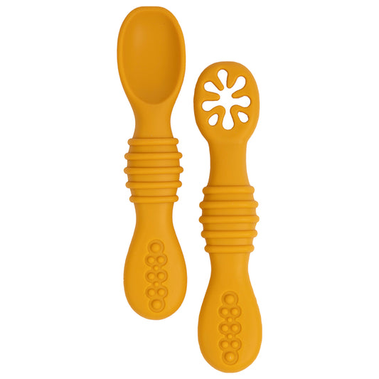 BabiesBasic Soft Tip BPA Free Silicone First Stage Training Spoon with Masher- Yellow