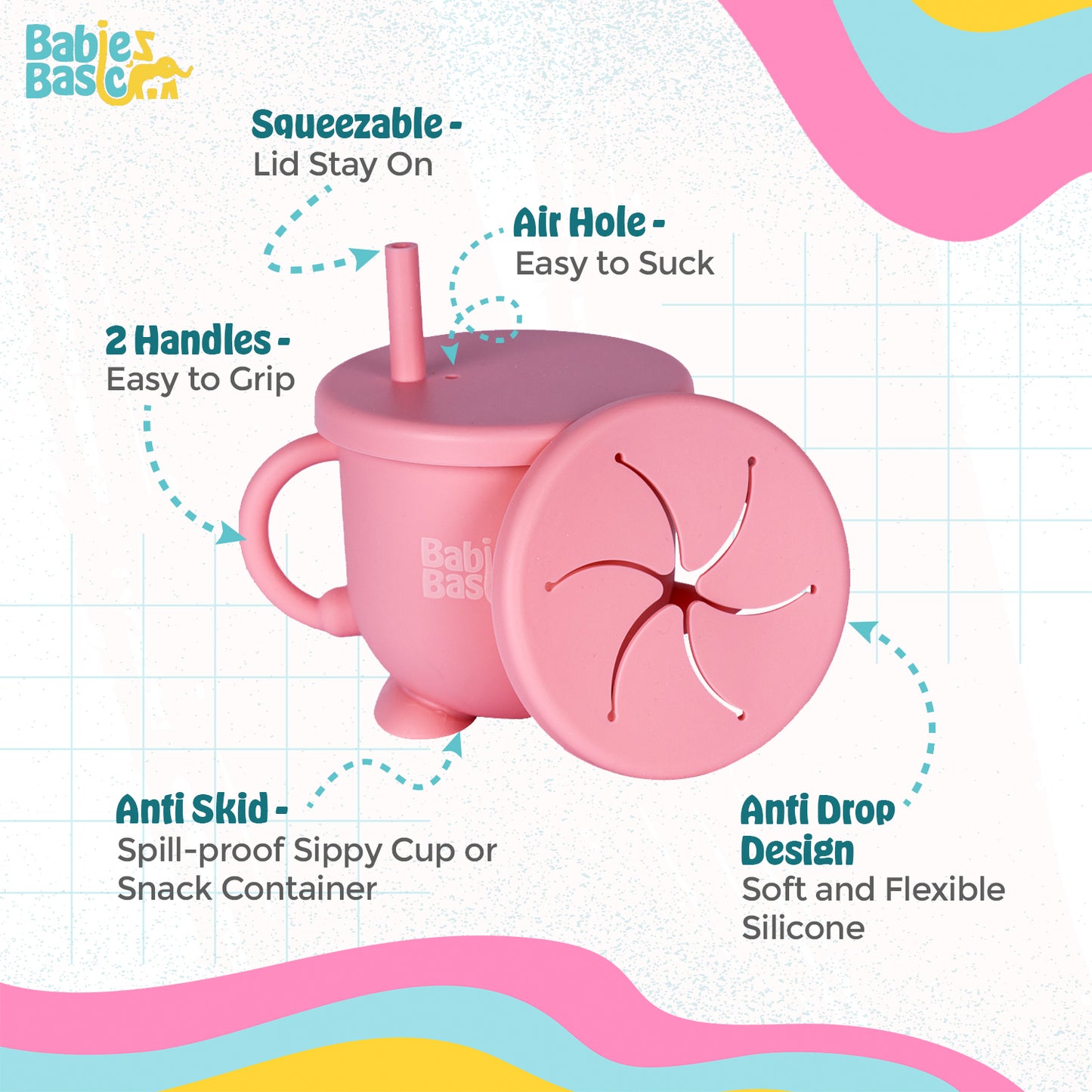 BabiesBasic Multi Purpose 2 in 1 Silicone Cup with Straw or a Snack Lid - Pink